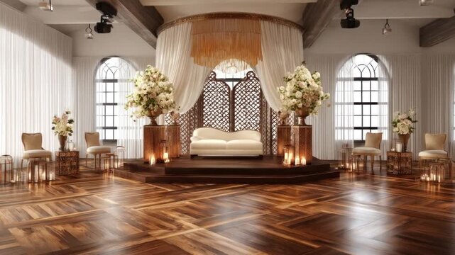 Interior of a luxurious venue features a stage, floral arrangements, chandeliers, and seating