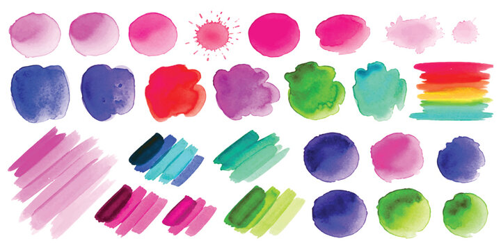 Watercolor paint swatches and abstract artistic design elements collection