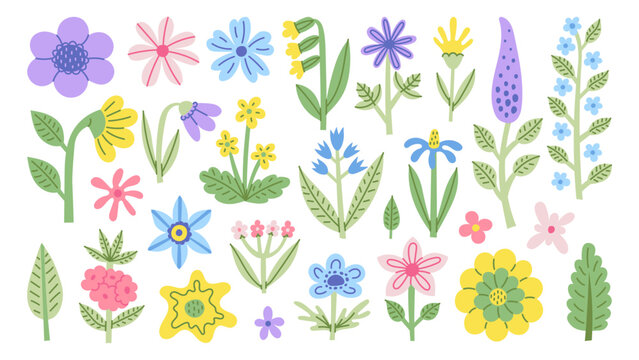 Spring Flowers and Plants Set. Abstract Cut Out Floral Botanical Collection. Pastel colored Anemone Helleborus Primrose Pushkinia Chionodoxa Daphne. Vector illustration