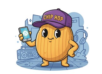 Fototapeta premium Cute cartoon potato character wearing a hat that says “Chip Hop” while holding a smartphone with a music icon 