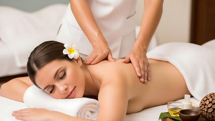 Woman receiving back massage with flower on head in spa setting relaxation 1