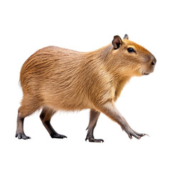A large capybara, the world's largest rodent, captured in a profile walk against a stark black background.