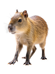 A young capybara stands alert, showcasing its features against a black background