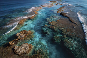 Coral reef ecosystem with shallow reef patches and clear blue water under sunlight, showing natural marine habitat and waves gently breaking on reef surface