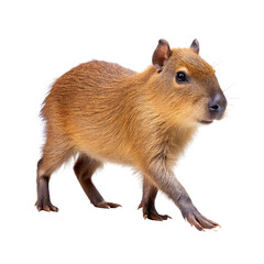 A small juvenile capybara, the world's largest rodent, captured in a full-body side view
