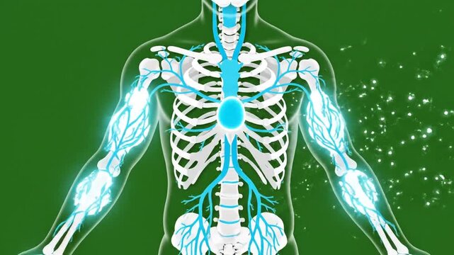 Futuristic Diagram of Human Skeleton with Growth Hormone Release on Green Background Illustrating Endocrine System