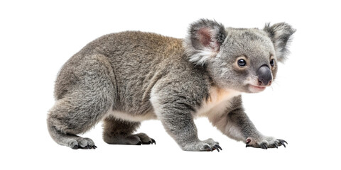 A cute baby koala joey walking on all fours isolated on a black background