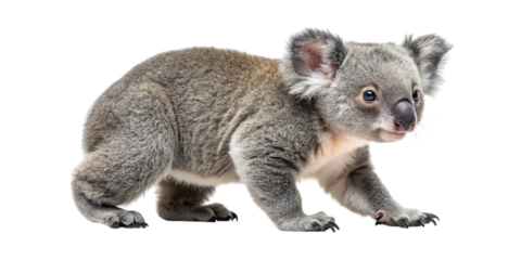 A cute baby koala joey walking on all fours isolated on a black background