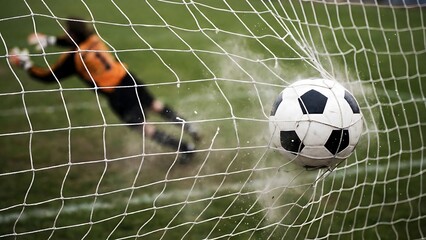 Dramatic soccer goal captured from inside the net, as the ball powerfully impacts, sending droplets flying while a goalkeeper makes a desperate, missed dive during intense game action