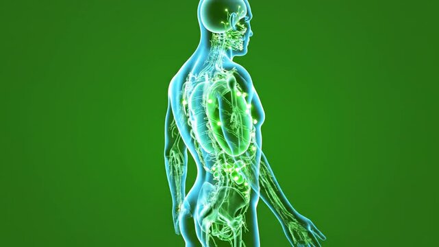 Futuristic Full Body Reconstruction Showing Lymphatic Vessels Glowing on Green Screen Background Anatomy Illustration