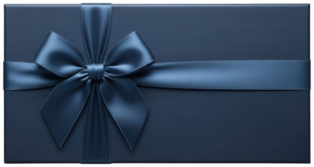 Elegant navy blue rectangular gift box decorated with large glossy satin ribbon bow tie for anniversary or special occasion celebration