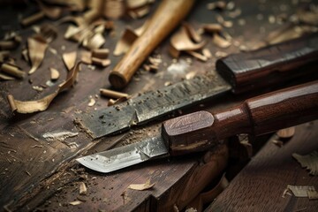 Carpenter tools and wood shavings creating a textured workspace scene