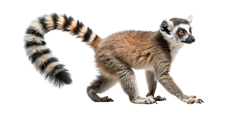 A ring-tailed lemur walking on all fours, isolated on a black background