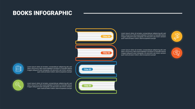 Books education infographic process diagram with stacked book as box container with opposite direction with dark background bright outline style 4 points