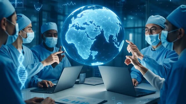 Group of medical professionals sitting around a table, possibly discussing patient cases or treatment options global healthcare doctor medical network technology digital health innovation telemedicine