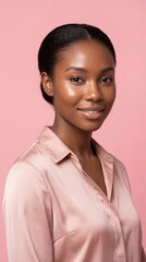 African American woman in pink silk shirt smiling on pink background
