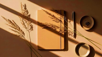 Minimalist Workspace Flatlay With Notebook Pen and Natural Grass Shadow Aesthetic