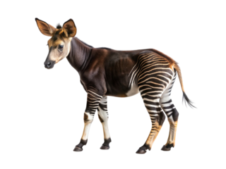 A beautiful okapi standing on a black background, showcasing its unique striped legs