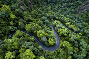 Fototapeta premium Winding road through dense green forest with lush trees and vibrant foliage, aerial view of scenic mountain landscape showing natural beauty and peaceful environment