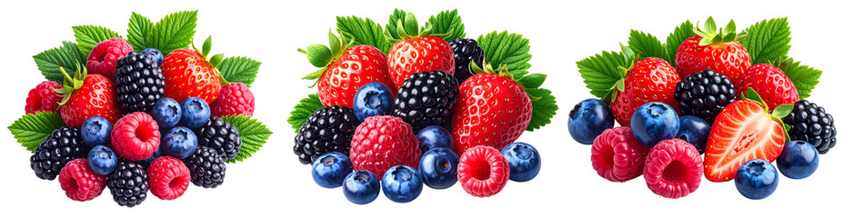 Assorted Wild Berries Cluster with Leaves, Realistic Detail, Isolated on Transparent Background