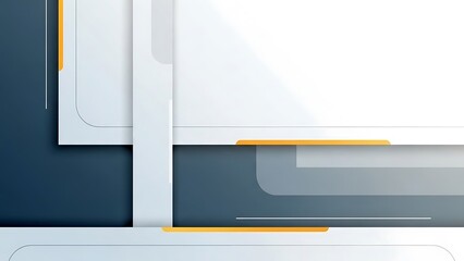 A modern abstract design with white, gray, and blue geometric shapes and yellow accents