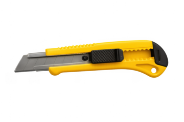 Yellow utility box cutter with sharp blade on transparent background