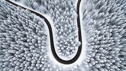 Snowy forest aerial view serene winter landscape with winding road
