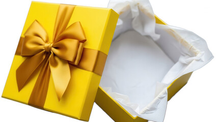Yellow gift box with shiny gold ribbon open showing empty space