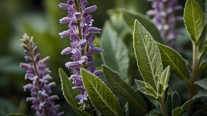 Vibrant Lavender Flower Spike and Green Leaf Closeup