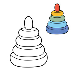 Vector illustration of a colorful stacking ring toy pyramid for children. Flat cartoon design with outline and coloured version, educational baby toy for early learning, toddler play, nursery and kids