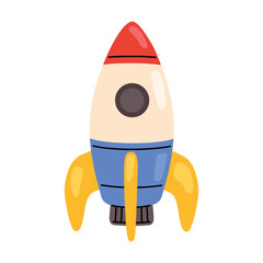 Vector illustration of a cute toy rocket ship. Flat cartoon design with bright colours, simple shapes and playful style. Space themed element for children, education, imagination, science and creativi