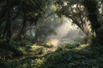 Obraz premium Enchanted woodland landscape with dense greenery and sun rays filtering through tall trees, creating serene and magical atmosphere in forest