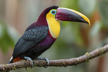 Obraz premium Colorful toucan perched on mossy branch with vibrant yellow, purple, and black feathers in tropical forest, showing exotic bird beauty and natural wildlife charm