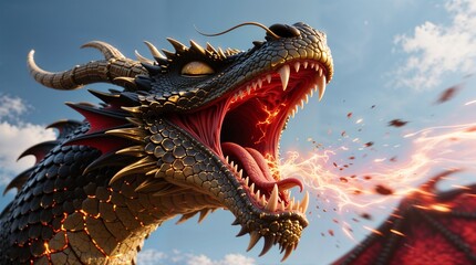 Fototapeta premium Majestic dragon roars with fire against blue sky, mythical creature in epic fantasy scene, powerful and awe-inspiring atmosphere