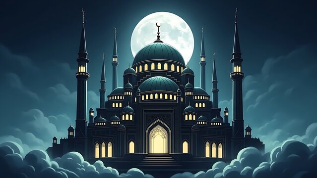 Elegant arched window frames a glowing crescent moon and traditional lanterns at night