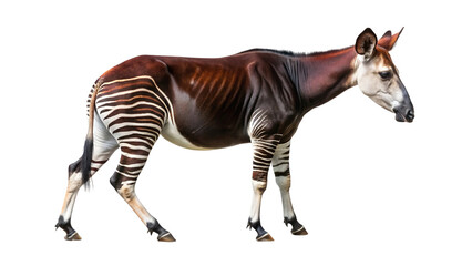 A full body side profile of a beautiful okapi showing its distinctive zebra-like markings
