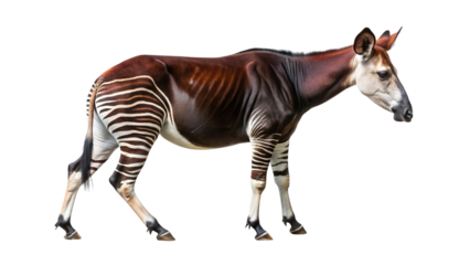 A full body side profile of a beautiful okapi showing its distinctive zebra-like markings
