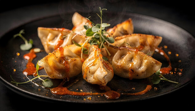 Cinematic presentation of pan-seared momos plated on a matte black ceramic dish, golden crisp base with soft steamed tops. Artistic sauce drizzle in vibrant chili oil, microgreens delicately placed. 