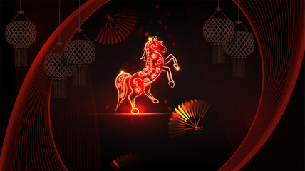Happy Chinese New Year 2026. Illustration with a golden, exquisite Fire Horse.