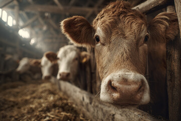 Close up of brown cow in barn with other cows feeding in background, warm light creating calm farm atmosphere