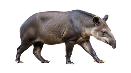 South american tapir walking in full body side view isolated on a black background