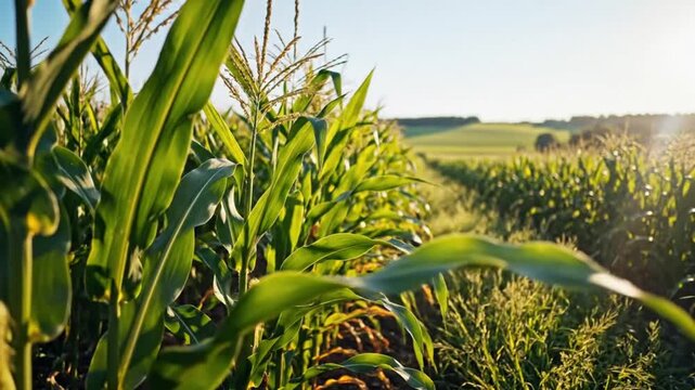 Lush green cornfield under a bright sunny sky with rows of crops swaying gently in the breeze