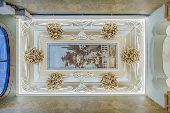 Ornate Art Nouveau Ceiling with Floral Reliefs in Barcelona, Luxury Entrance