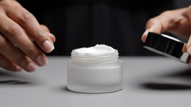 Woman opening a jar of skincare cream product with french tip nails on a gray surface