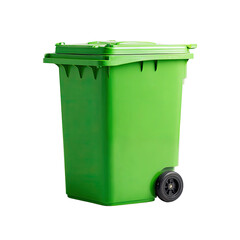A vibrant, large, green plastic wheeled trash receptacle, lid closed, isolated on black