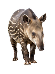 A young tapir calf with distinctive light-colored stripes isolated on a black background