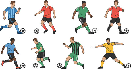 Stylized soccer players in colorful uniforms showing dynamic ball interaction poses for sports design, education, and illustration © Silent Soul