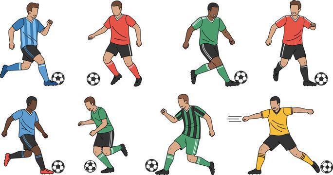 Stylized soccer players in colorful uniforms showing dynamic ball interaction poses for sports design, education, and illustration