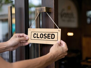 Hand Holding "Closed" Sign on Business Doorway