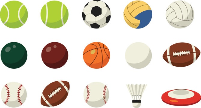 Grid of cartoon-style sports balls and equipment including tennis, soccer, volleyball, bocce, cricket, football, and more